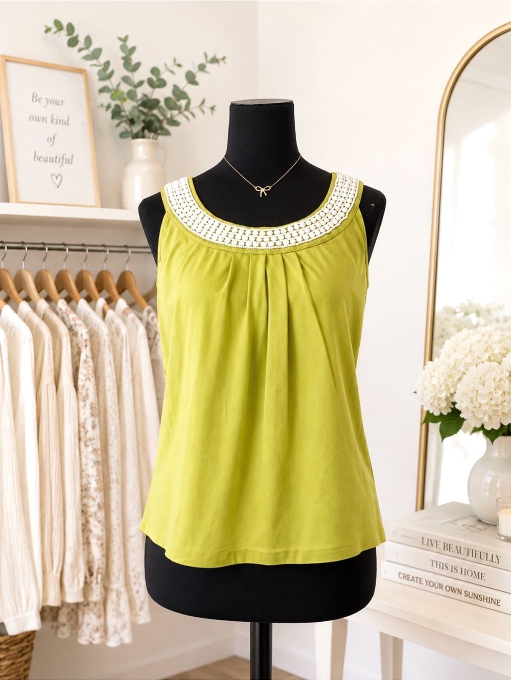 Chartreuse Green Sleeveless Top with Unique Iridescent Beaded Neckline